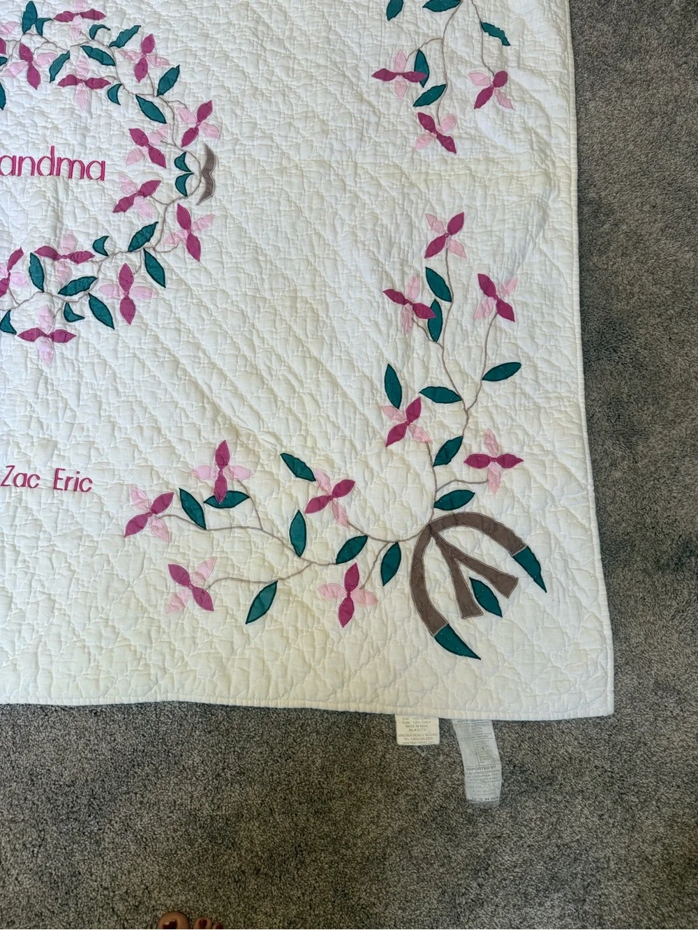Personalized 'Grandma' White Quilted Throw with Pink & Green Floral Appliqué